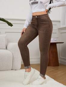 SHEIN EZwear 春季高腰破洞紧身牛仔裤 - 咖啡棕 - 查看 3