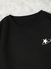 INAWLY 星形印花长袖圆领女式运动衫，时尚百搭，适合秋冬外套、长袖上衣、毕业/教师装、返校 - 黑色 - 查看 5