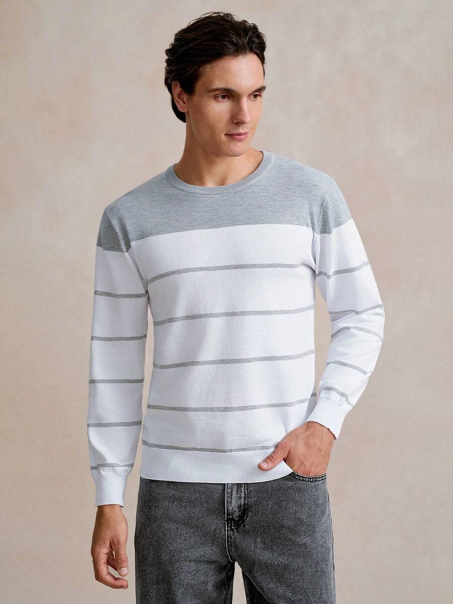 Manfinity Homme Sweater Pria Blok Warna Striped Casual - Putih - View 1