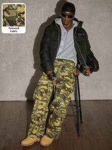 PAVTROS 男式工装口袋迷彩图案宽松休闲牛仔裤 - 黃色 - 查看 5