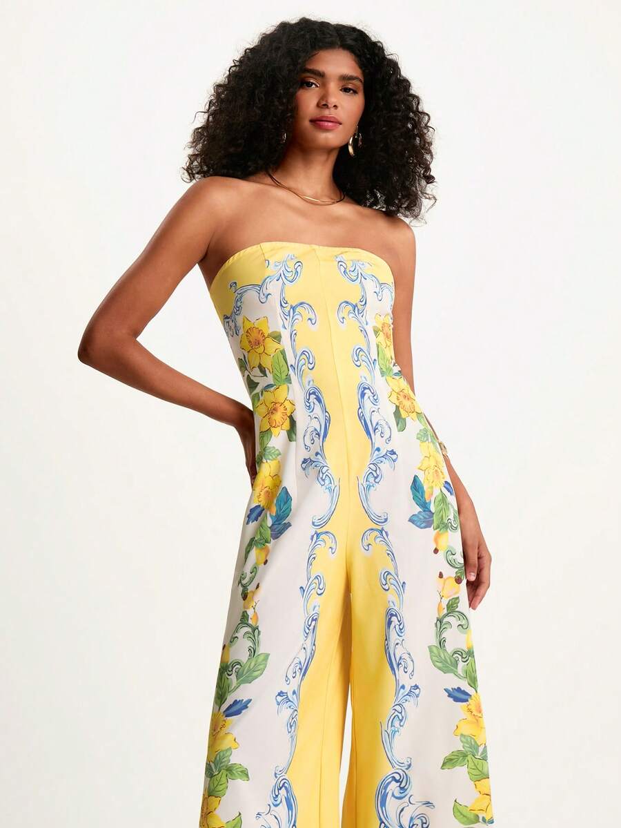 CAJUNI 女式花卉印花抹胸连体裤，时尚阔腿 - 彩色 - 查看 1