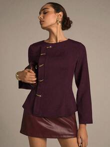 NOVVYNE 编织无弹力黑色长袖金属纽扣修身户外衬衫，时尚优雅，适合女性 - 酒紅色 - 查看 3