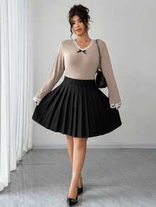 DAZY Plus Size Women A-Line Mini Pleated Skirt, Solid Color, Versatile, School Style, Early Autumn - Black - View 6