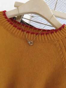 Franclia 休闲宽松圆领长袖针织撞色饰边插肩袖杏色女式套头衫，春秋 - 橘色 - 查看 6