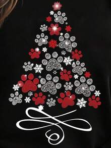 SHEIN LUNE 大尺碼聖誕 T-shirt，大尺碼街頭風圖案短袖上衣，休閒舒適上衣，度假氛圍秋季款 - 黑色 - 查看 4