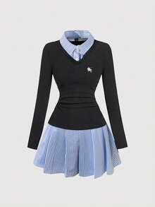 INAWLY Vestido mini casual de mujer con rayas y parches, otoño