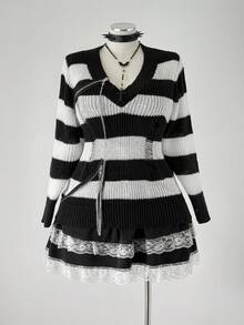 SHEIN CURVE+ 大码女式露肩条纹套头毛衣