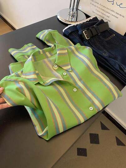 Franclia Plus Size Women Green Striped Fashionable Polo Collar Long Sleeve Casual Shirt Top, Spring/Summer
