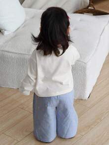 DAZY 女童卡通图案圆领休闲T恤和格子两件套家居服套装 - 藍白色 - 查看 2