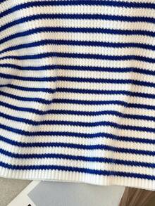 Franclia 女士休闲通勤条纹领针织背心 - 藍白色 - 查看 4