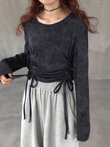 FRIFUL 女士休闲扎染抽绳长袖 T 恤，春秋季 - 黑色 - 查看 6