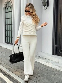 Chiquease 2 Stücke Damen elegantes V-Ausschnitt einfarbiges gestricktes Sweater-Top und Hosen Set - Aprikosenfarben - Übersicht 6