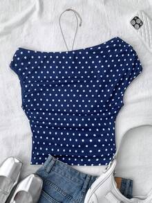 Teen Girls Navy Blue Knit Casual Minimalist Polka Dot Print Asymmetric Ruched Crop Top, Suitable For Spring/Summer, Casual, Personalized Styling, Daily Wear - Navy Blue - View 2