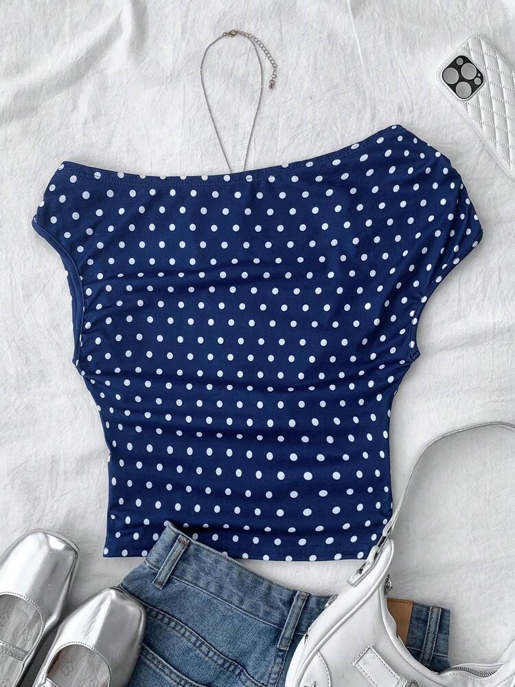 Teen Girls Navy Blue Knit Casual Minimalist Polka Dot Print Asymmetric Ruched Crop Top, Suitable For Spring/Summer, Casual, Personalized Styling, Daily Wear - Navy Blue - View 2
