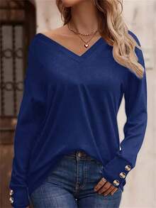 INAWLY Plus Size V-Neck Short Sleeve T-Shirt With Button Details Fall Cloth For Women - Blue - View 5