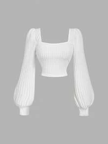 SHEIN MOD 大码白色休闲方领泡泡袖T恤，女款，秋冬季长袖上衣，女士冬季上衣 - 白色 - 查看 1