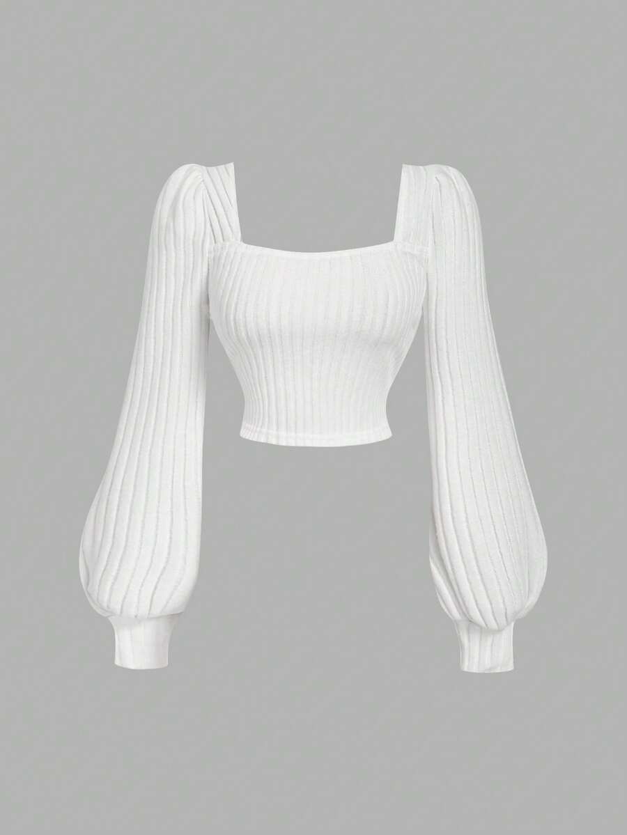 SHEIN MOD 大码白色休闲方领泡泡袖T恤，女款，秋冬季长袖上衣，女士冬季上衣 - 白色 - 查看 1