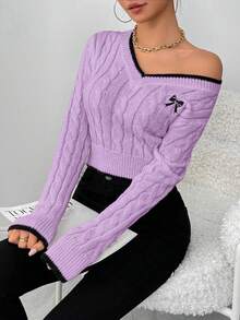Elenzga 秋冬时尚蝴蝶刺绣V领粗针织女套头衫 - 紫色 - 查看 5