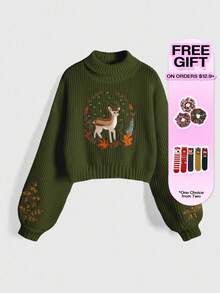 ROMWE Fairycore Suéter de cuello alto con bordado de ciervos, de hombros caídos y manga larga, informal, para otoño/invierno