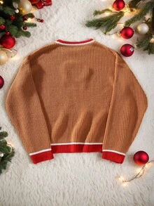Manfinity Homme Men's Christmas Family Cartoon Pattern Men Sweater Christmas Theme Contrast Trim Long Sleeve Sweater, Knit Wear, Gift Idea For Boyfriends Or Husbands Or Child Or Friends,Family Christmas Dad And Son Matching Top, Fall Winter - Multicolor - View 2