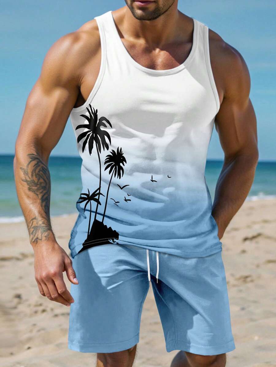 Manfinity RSRT Men's Casual Ombre Coconut Tree Print Tank Top And Shorts Set, Summer Beach Outfits For Man Beach Outfits For Men Beach Wear For Men, Cozy Outfits