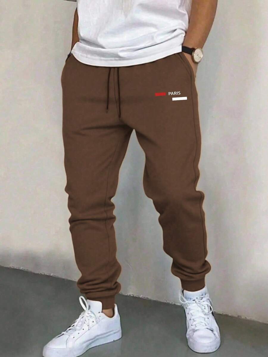 SHEIN Casual Loose Fit Graphic Print Pocket Design Sweatpants For Teenage Boys, Suitable For Daily Casual, Commuting And Sports Wear - Coffee Brown - View 1