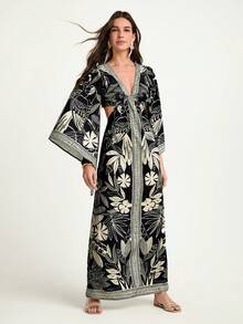 CAJUNI Women's Autumn/Winter V-Neck Oversized Sleeve Hollow Waist Backless Tie Straight Dress With Brazilian Parrot, Tropical Floral, Print