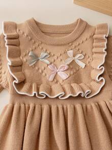 Souflis Souflis Young Girl's Pink Bow Knit Sweater Dress, Cute Ruffle Round Neck Long Sleeve Knitted Dress - Khaki - View 3