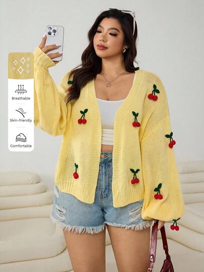 Solflare 2025 Otoño/Invierno Nuevo Cárdigan casual y suelto de manga farol con decoración de cereza 3D, versátil para salidas, diario, fiesta, cita, vacaciones, talla grande, amarillo cálido