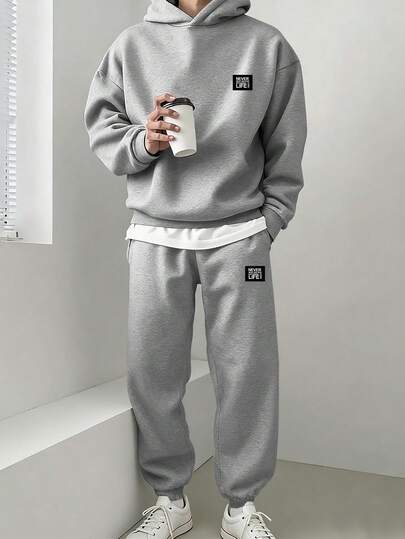 Claim Dot 2pcs Set: Classic Grey "Never Lose Heart And Keep Exploring Life" Slogan Graphic Hoodie & Relaxed Fit Sweatpants, Casual Sports Suit Men 2 Pieces Set Patched, Fall Winter Clothes