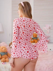 SHEIN 2件套女士甜心印花网眼扭纹不对称喇叭袖连衣裙套装 - 粉色 - 查看 3