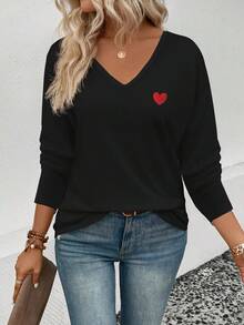 EMERY ROSE Women's New Arrival Heart Pattern V-Neck Long Sleeve Casual Versatile T-Shirt, Autumn/Winter - Black - View 5