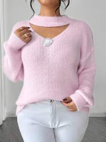 Elenzga Suéter de punto con cuello en V, unicolor, con perlas metálicas, para mujer de talla grande, informal para otoño/invierno, adecuado para Navidad, Halloween, vuelta al colegio - Rosa - Ver 7