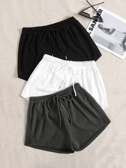 3 piezas shorts de dormir unicolor de cintura con nudo