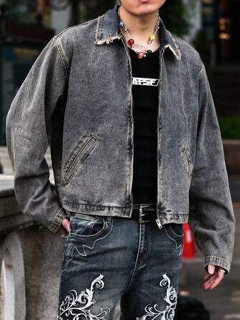 Street Life Men's Casual Fashion Punk Raw Edge Zip-Up Denim Jacket, Spring/Autumn