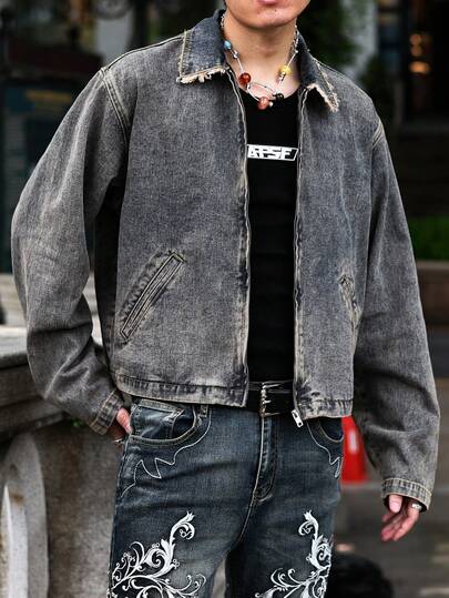 Street Life Chaqueta vaquera con cremallera y bordes sin acabar, de moda casual para hombre, para primavera/otoño