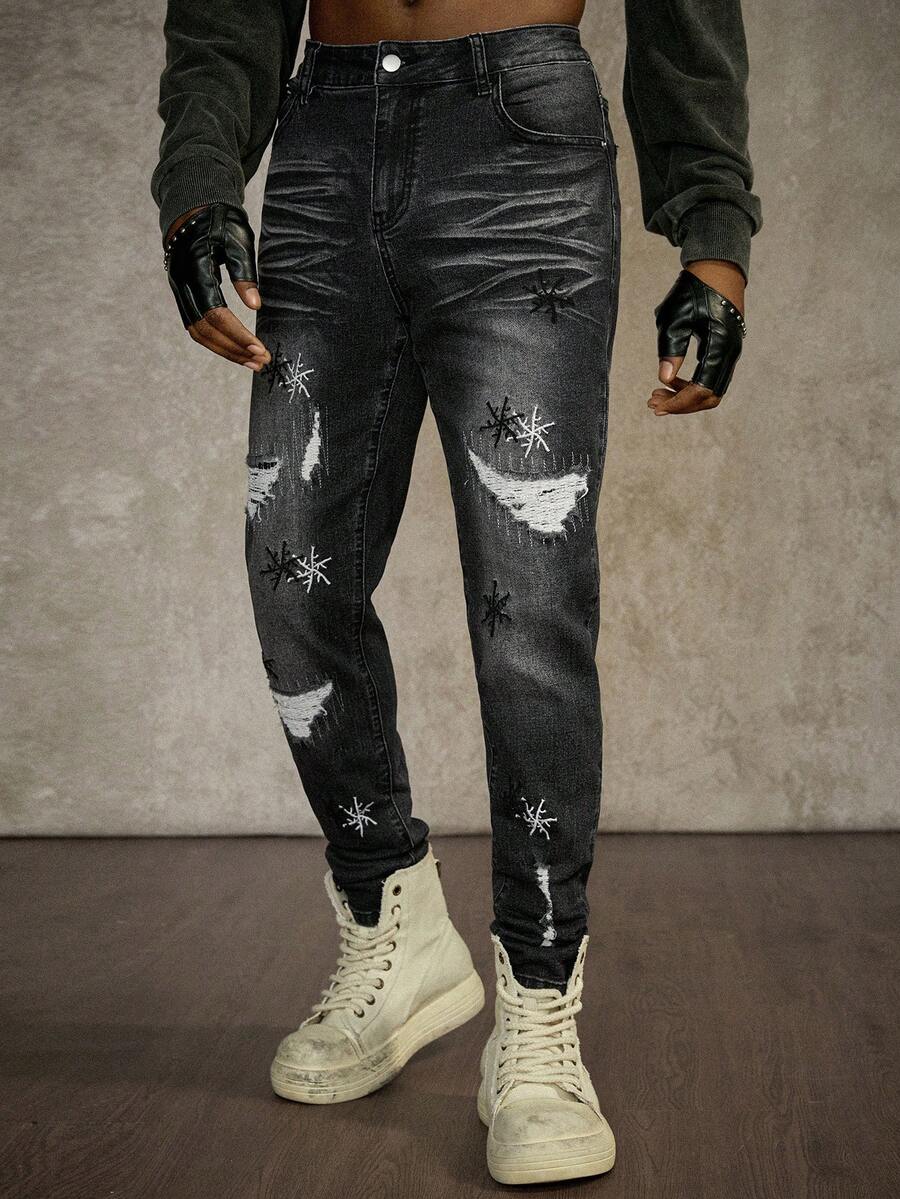 PAVTROS Men's Black & Grey Snowflake Embroidered Slim Fit Jeans - Black - View 1