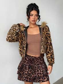 Jeanoix 豹纹拼布仿毛领性感皮草大衣 - 彩色 - 查看 4