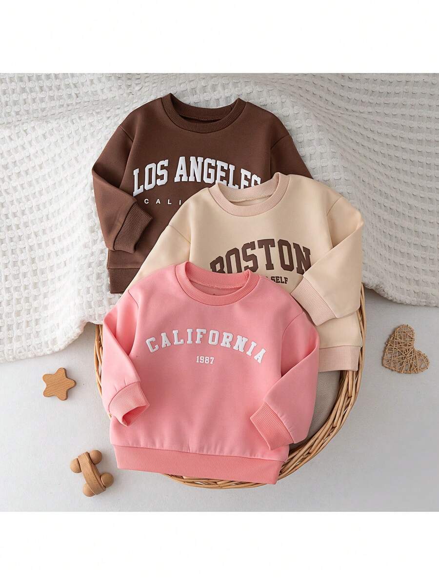 Loomiva 3件装女婴字母印花圆领长袖套头卫衣，可爱动物图案保暖内衬上衣，适合休闲、户外、运动、派对、假日等多种场合。 - 彩色 - 查看 1