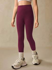 SHEIN Tween Girl High Waisted Ribbed Seamless Slim Leggings,Burgundy Red,Autumn,Athletic,Gym Sport Breathable 4-Way Stretch Legging For Yoga Running Cycling - Burgundy - View 4