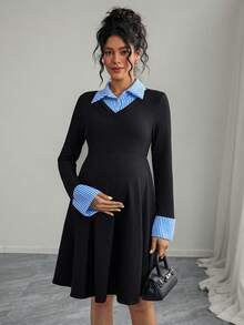 Momance Maternity Stylish Ribbed Patchwork Knit Dress - Black - View 8