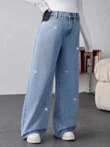 SHEIN Maternity Light Blue Rhinestone Decor Straight-Leg Denim Jeans,Summer Smart Casual Everyday High Waist Elastic Waist Snowflake Wash Maternity Pants - Blue - View 4