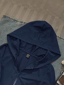 SHEIN EZwear Vintage Pattern Navy Blue Women's Solid Color Fitted Hoodie T-Shirt, Autumn