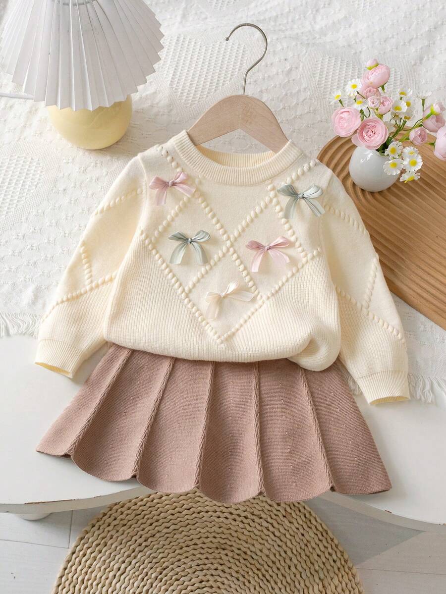 Souflis Souflis 6-9 Months Baby Girls Warm Outfit, Baby Girls Winter Warm Knitted 2 Pieces Set, Cute Bow Sweater And Pleated Skirt Set, Comfortable Soft And Skin-Friendly - Multicolor - View 1