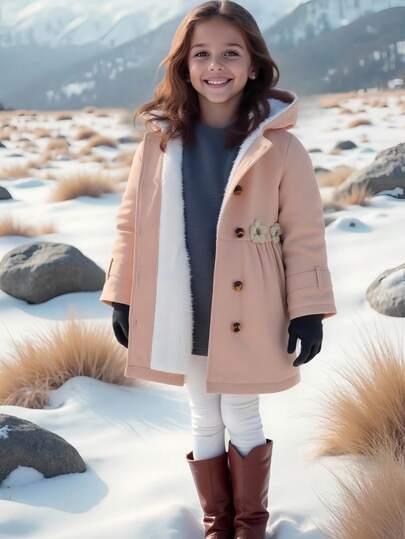 Elladie kids 1 件年轻女孩中长夹克，儿童编织加厚粉色长袖风衣，3D 花卉装饰增添甜美感，清新可爱的风格适合秋冬季，宽松版型适合度假、旅行、日常穿着等各种场合