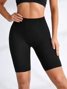 SHEIN Velisys Women's 2pcs Black Seamless Rib-Knit Bermuda Sports Shorts For Gym And Training - Black - View 6