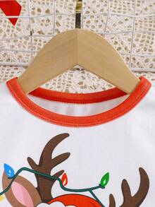 男童圣诞驯鹿印花圆领长袖上衣搭配圣诞图案修身睡裤两件套睡衣，圣诞主题，时尚修身睡衣 - 紅白色 - 查看 6