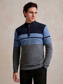 Manfinity CityGents Men's Striped Long Sleeve Zipper Half Placket Casual Knitted Sweater, Autumn/Winter
