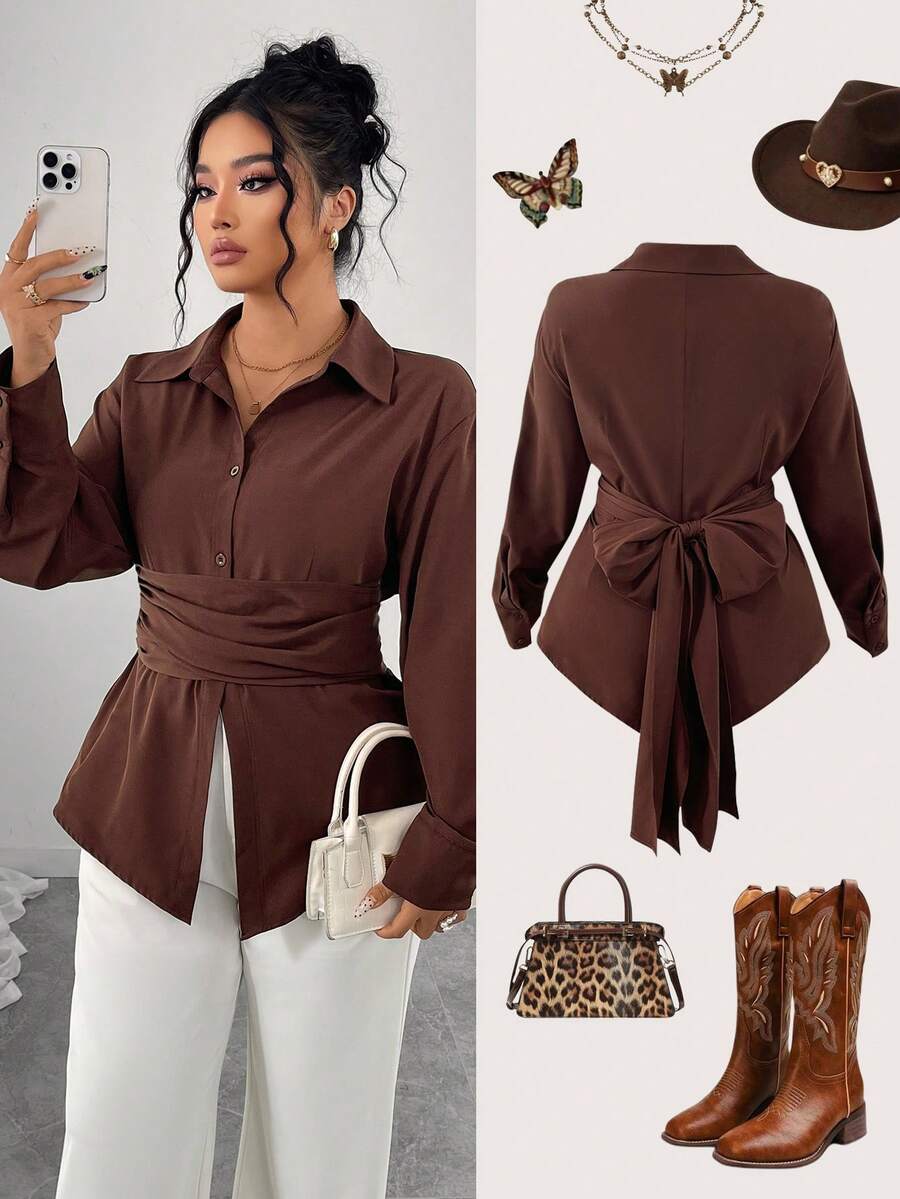 SHEIN Elenzya Plus Size Cinched Waist Bow Back Elegant Warm Color Blouse For Commuting, Autumn/Winter - Coffee Brown - View 1
