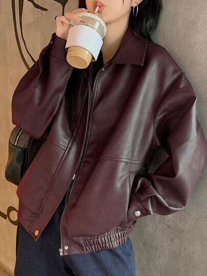 DAZY Chaqueta de cuero de manga larga casual de calle de unicolor de PU para mujer